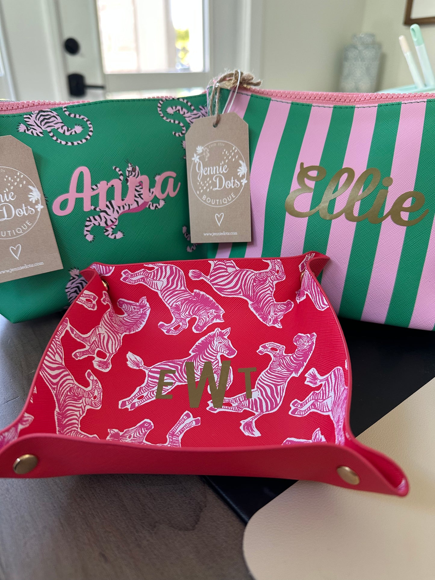 Customizable Cute pouch + cosmetic bag | leather pink green tiger