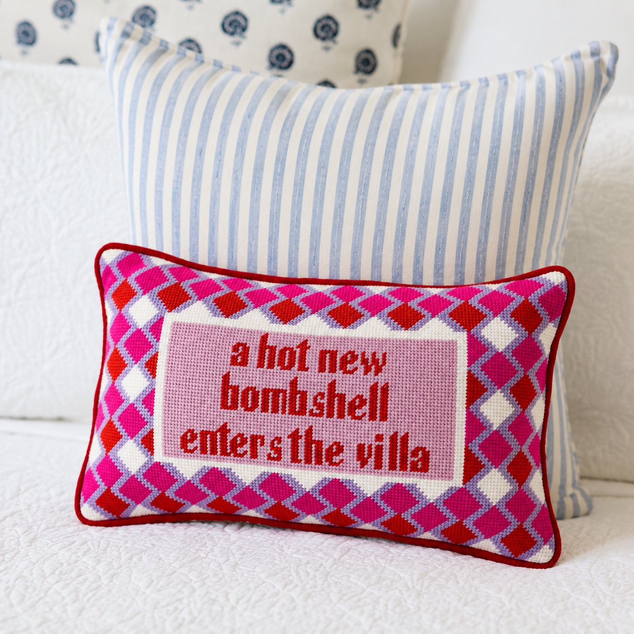 Furbish Studio - “Hot New Bombshell Enters the Villa” Needlepoint Pillow