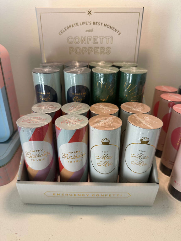 Miss to Mrs Confetti Popper with gold foil and cream pink confetti in display.