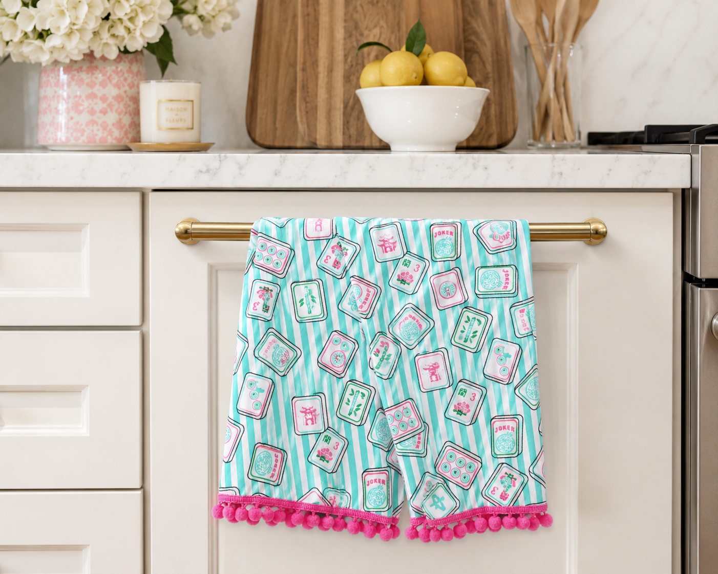 Mahjong Stripe Pom-Pom Kitchen Towel Set