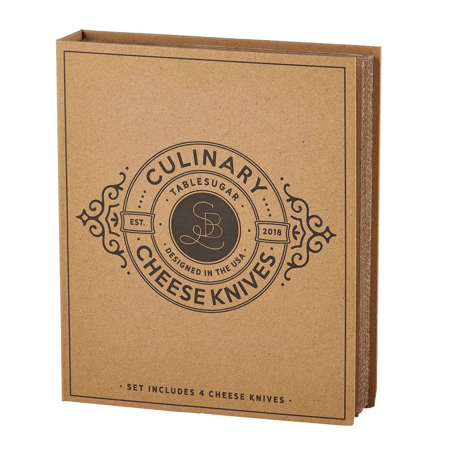 Santa Barbara Design Studio cheese knife book box featuring four cheese knives in cardboard packaging.