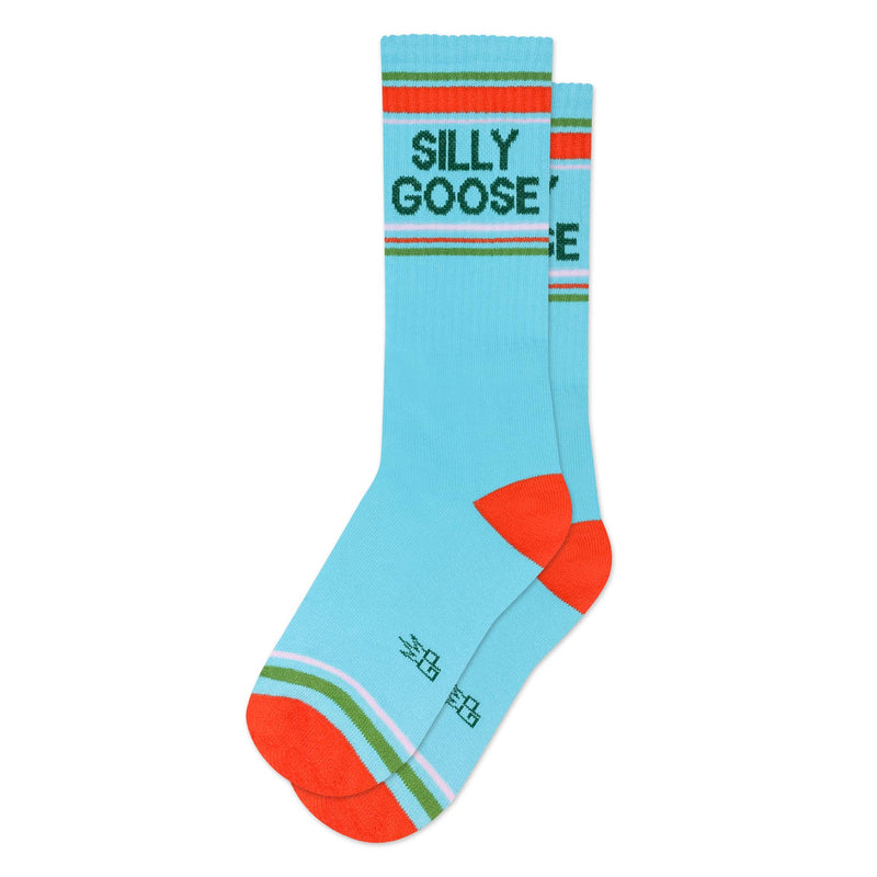 Light blue sock with red and green accents and 'SILLY GOOSE' text on a white background