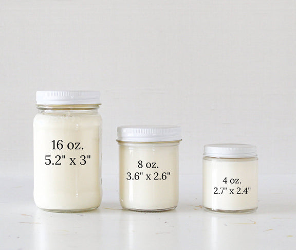 Happy Birthday candle sizes: 4 oz, 8 oz, and 16 oz jars showcasing birthday cake scent.