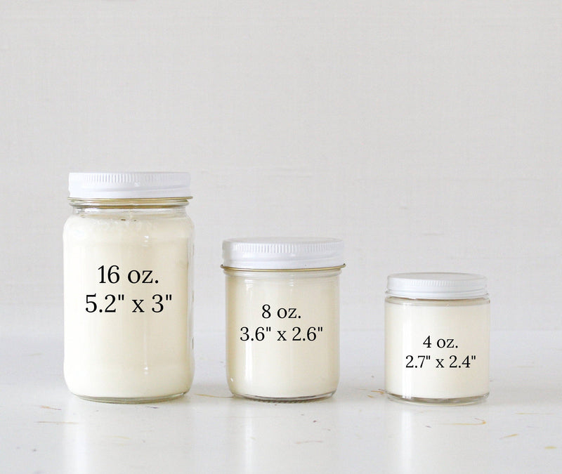 Happy Birthday candle sizes: 4 oz, 8 oz, and 16 oz jars showcasing birthday cake scent.
