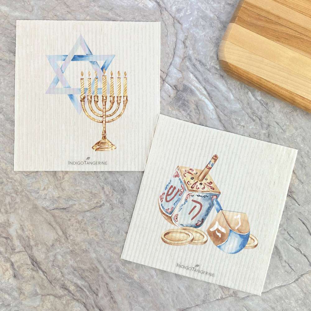 Hanukkah - Dreidel, Menorah 2 pk - Swedish Dish Cloth