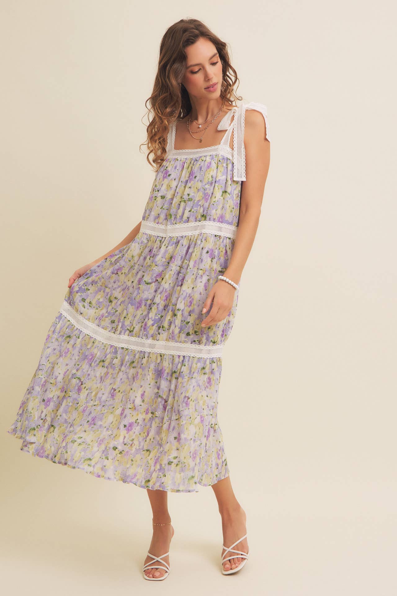 FLORAL CHIFFON PLEATED MIDI DRESS WITH LACE - Lavendar