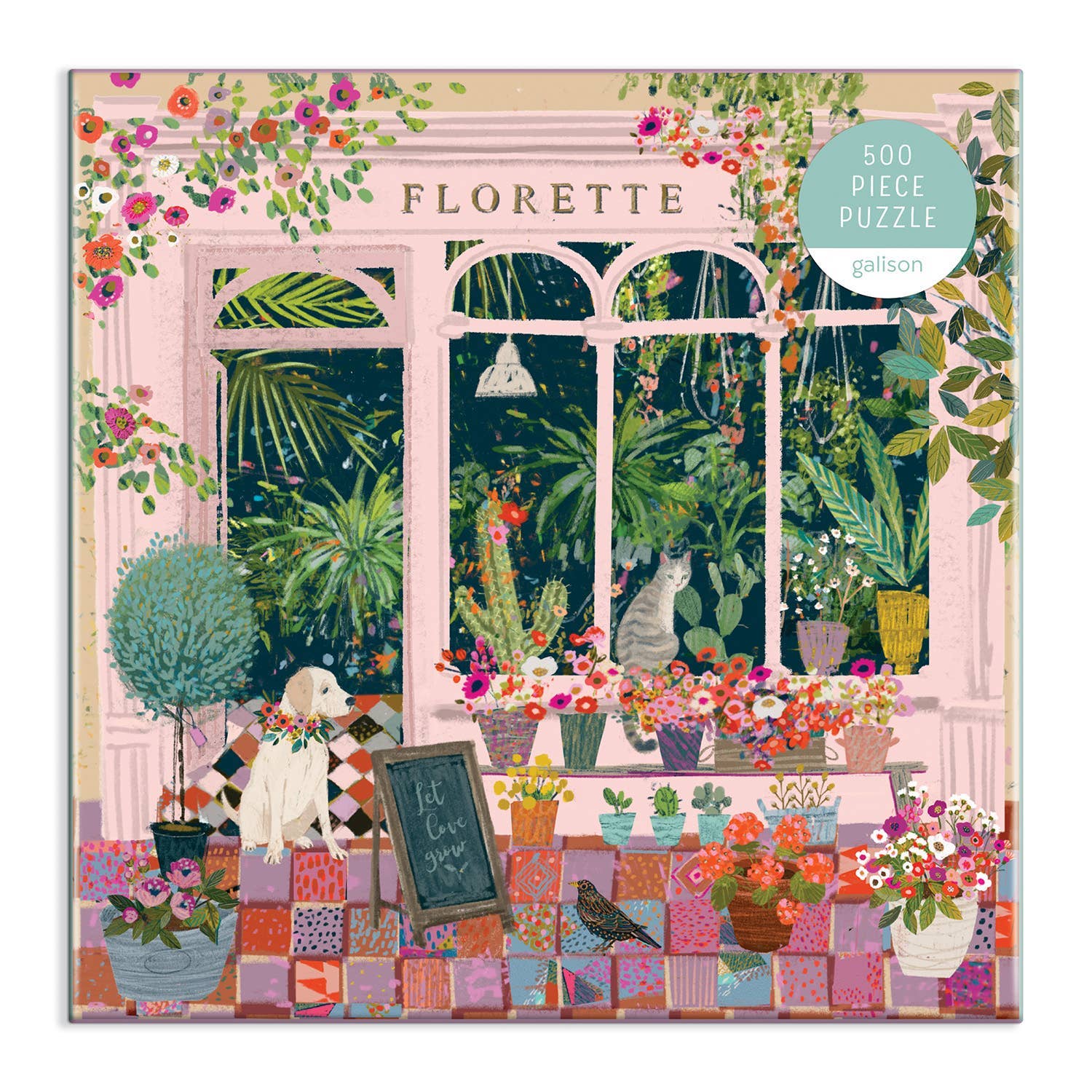 Chronicle Books Florette 500 Piece Puzzle featuring a picturesque plant shop illustration by Victoria Ball.