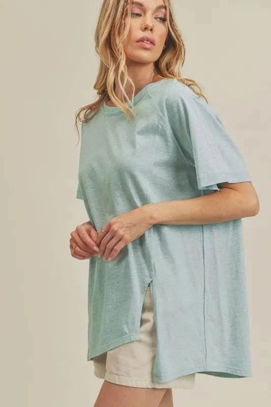 Aemi + Co Asymmetrical Front Slit Round Neck Raglan Sleeve T-Shirt - Jennie Dots