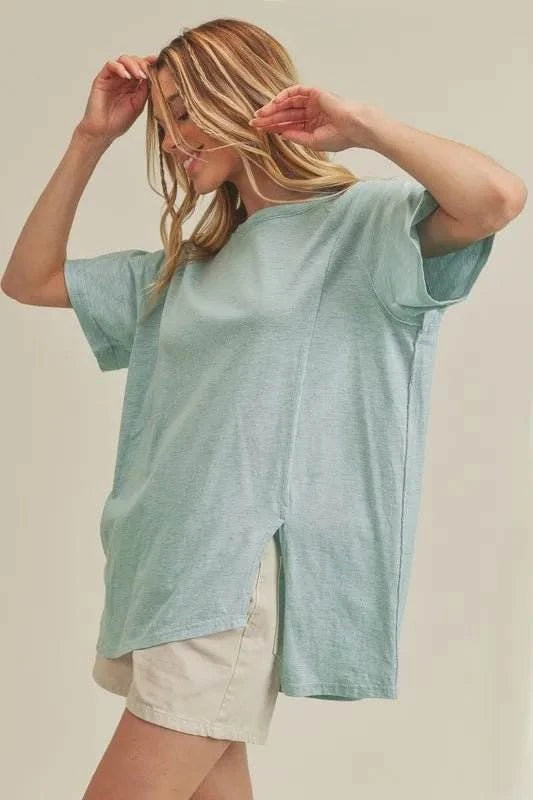 Aemi + Co Asymmetrical Front Slit Round Neck Raglan Sleeve T-Shirt - Jennie Dots