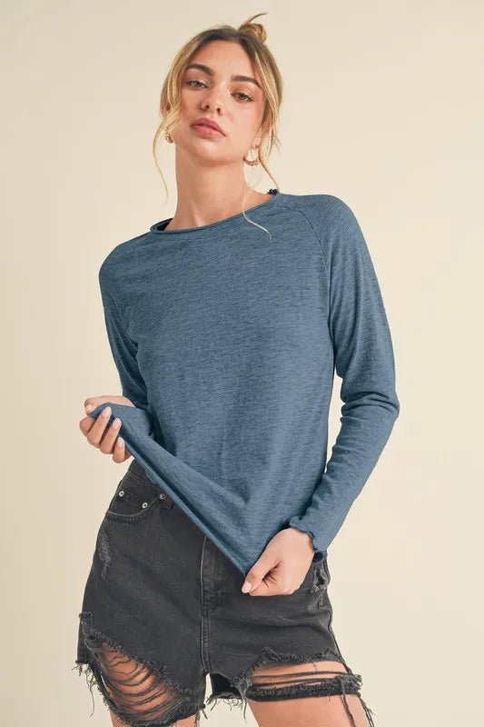 Aemi + Co Lettuce Hemline Round Neck Raglan Sleeve T-Shirt - Jennie Dots