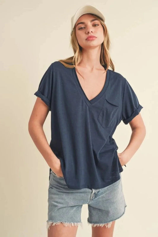 Aemi + Co Side Slit V-Neck T-Shirt with Short Rolled Sleeves in Navy.