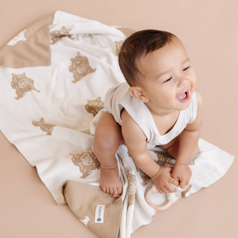 The Blueberry Hill - Set Honey Bear Blanket Hat and Teether Baby Gift Summer - Jennie Dots