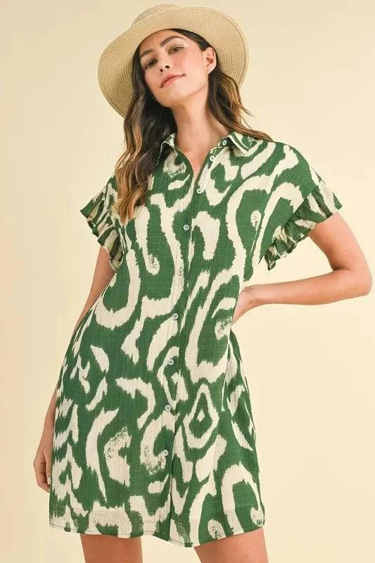 Annie Wear abstract printed frill sleeve shirt mini dress in green.