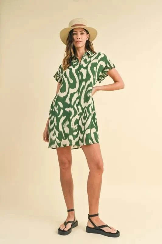 Annie Wear Abstract Printed Frill Sleeve Shirt Mini Dress - Jennie Dots