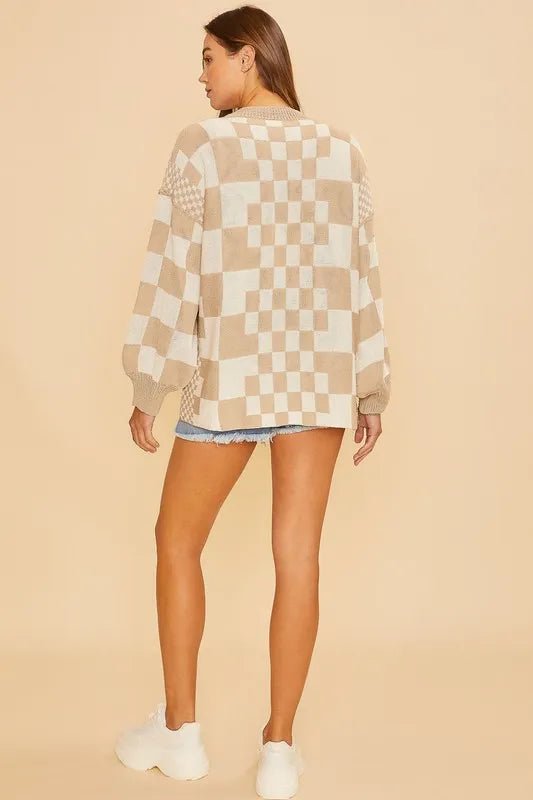 Annie Wear Checkered Open Front Drop Shoulder Cardigan - Jennie Dots