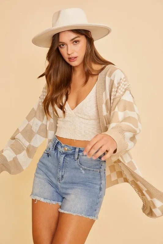 Annie Wear Checkered Open Front Drop Shoulder Cardigan - Jennie Dots