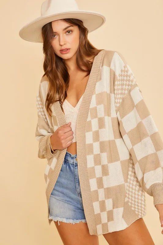 Annie Wear Checkered Open Front Drop Shoulder Cardigan - Jennie Dots