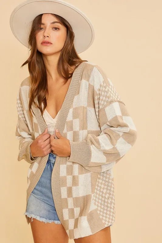 Annie Wear Checkered Open Front Drop Shoulder Cardigan - Jennie Dots