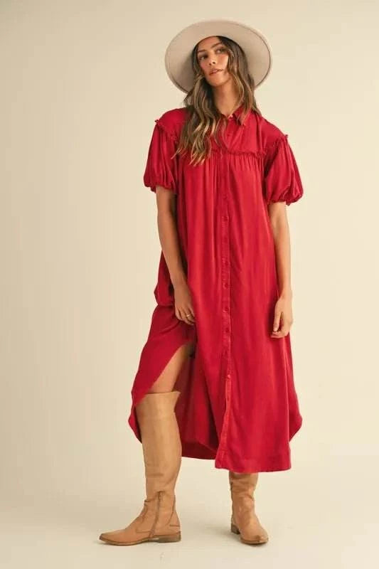Annie Wear Mineral Washed Button Down Puff Sleeve Shirt Dress - Jennie Dots