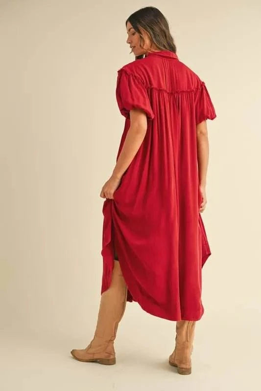 Annie Wear Mineral Washed Button Down Puff Sleeve Shirt Dress - Jennie Dots