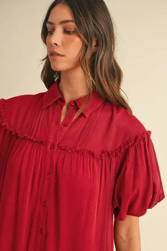 Annie Wear Mineral Washed Button Down Puff Sleeve Shirt Dress - Jennie Dots