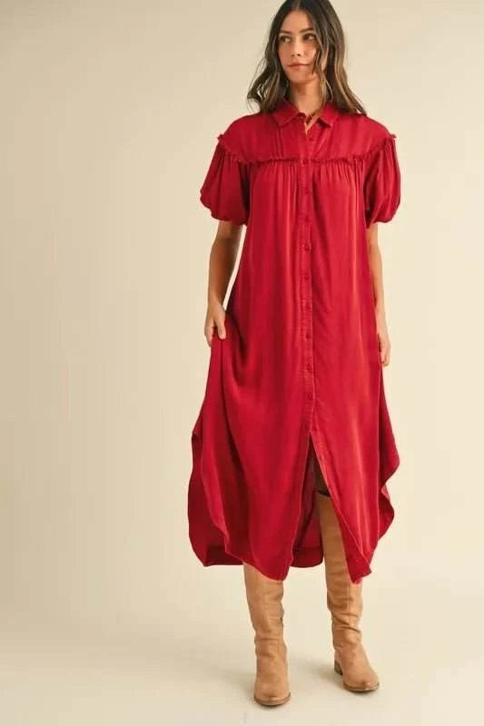 Annie Wear Mineral Washed Button Down Puff Sleeve Shirt Dress - Jennie Dots