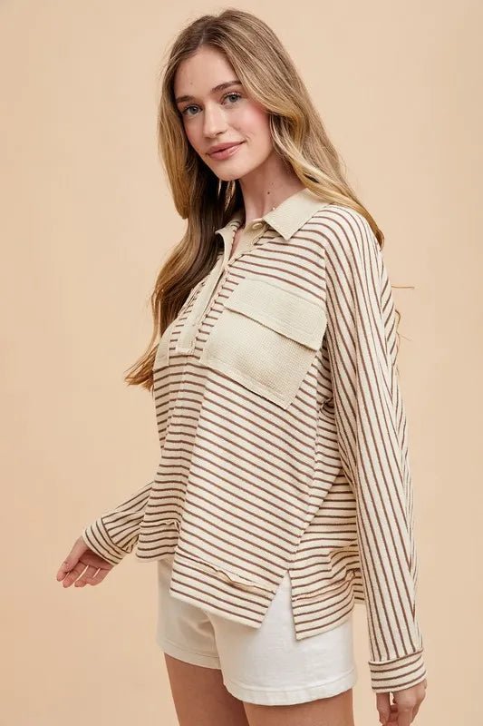 Annie Wear Striped Button Detail Long Sleeve Polo Top - Jennie Dots