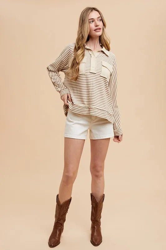 Annie Wear Striped Button Detail Long Sleeve Polo Top - Jennie Dots