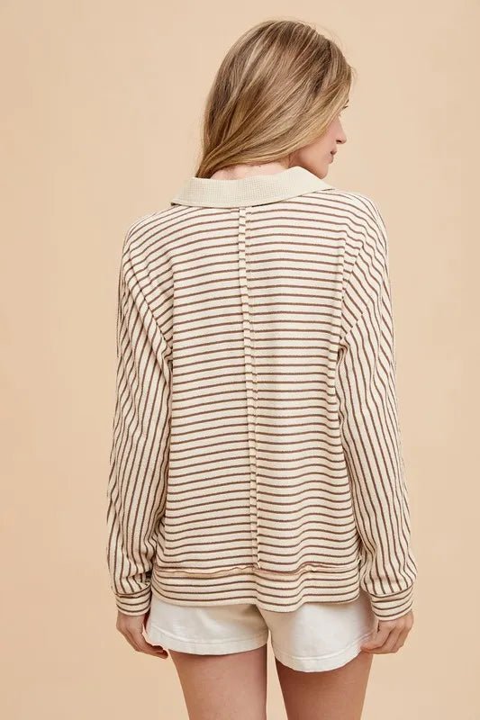 Annie Wear Striped Button Detail Long Sleeve Polo Top - Jennie Dots