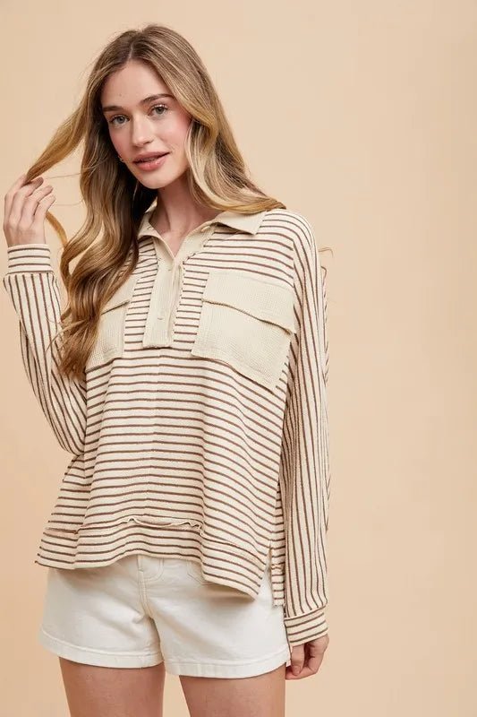 Annie Wear Striped Button Detail Long Sleeve Polo Top - Jennie Dots