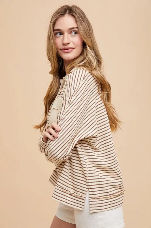 Annie Wear Striped Button Detail Long Sleeve Polo Top - Jennie Dots