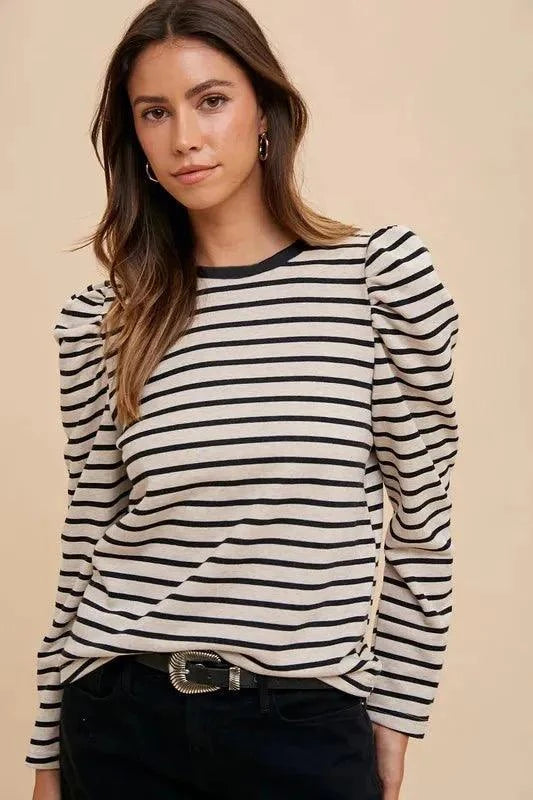 Annie Wear Striped Round Neck Puff Sleeve French Terry Top, stylish striped top with puff sleeves and round neckline.