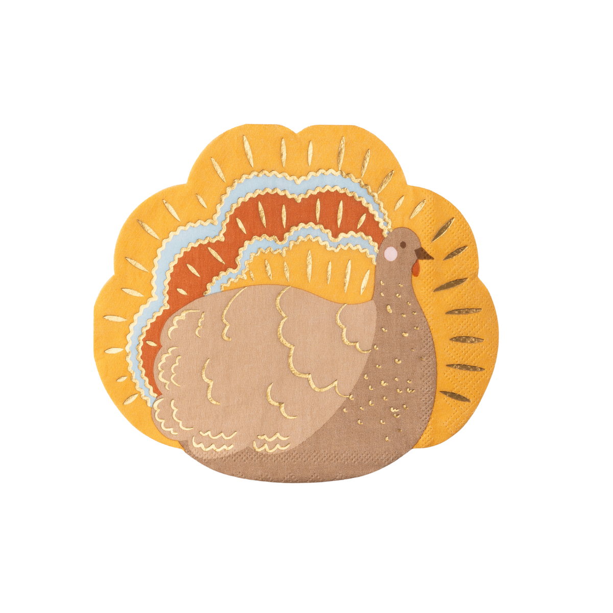 A stylized embroidered turkey design on a white background, with layered feathers in mustard yellow, tan, peach, light blue, and brown.
