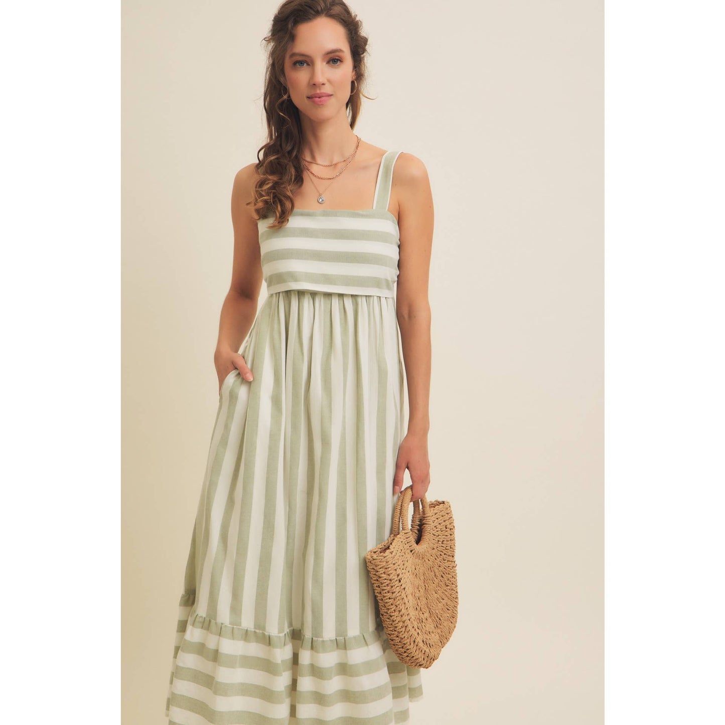 STRIPE MIDI DRESS WITH BACK RIBBON TIE