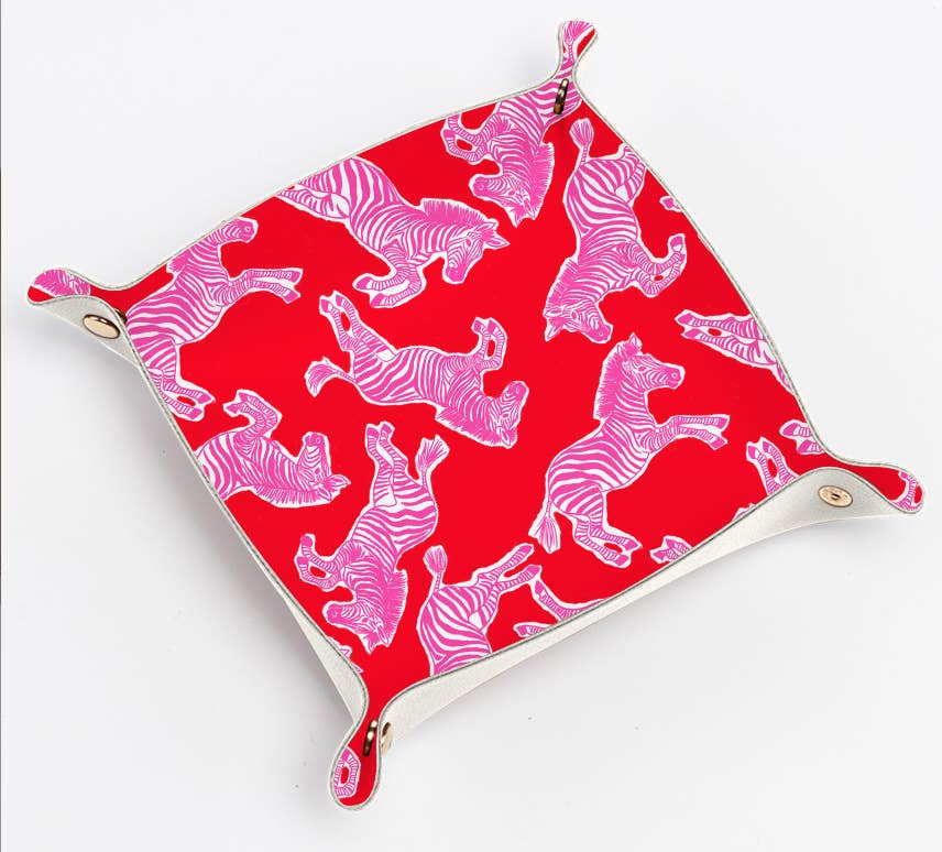 Customizable Cute trinket gift tray catchall | leather pink & red zebra