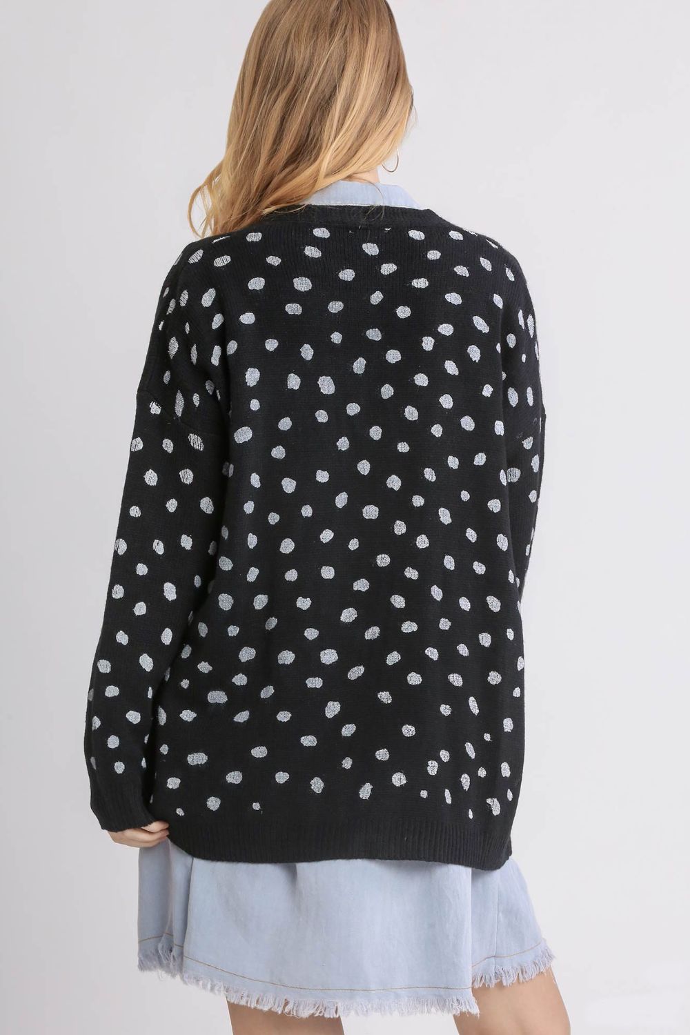 Umgee Polka Dot Open Front Drop Shoulder Cardigan