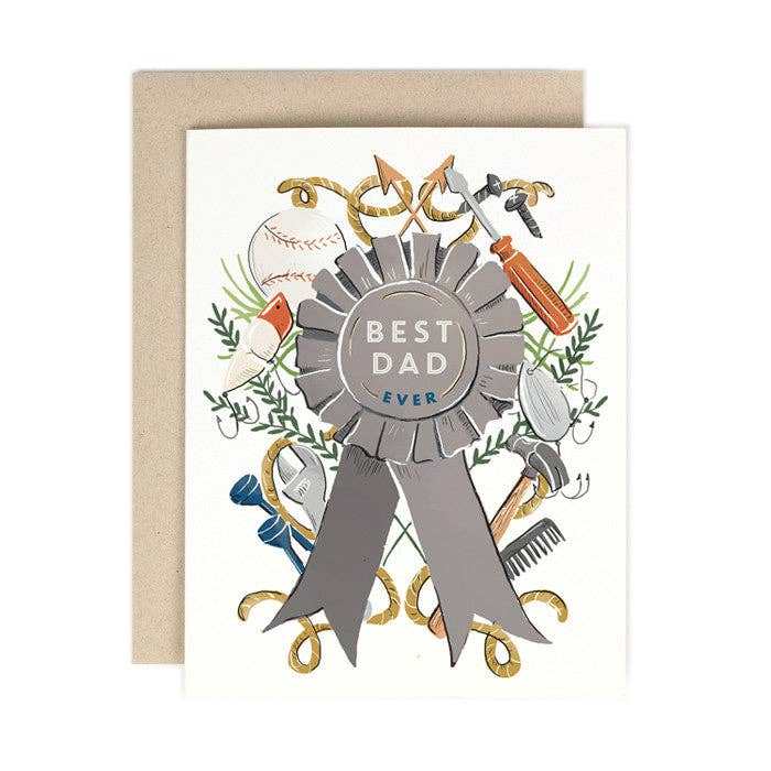 Best Dad Ever Greeting Card with ribbon design, blank interior, includes envelope, made in USA.