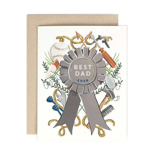 Best Dad Ever Greeting Card with ribbon design, blank interior, includes envelope, made in USA.