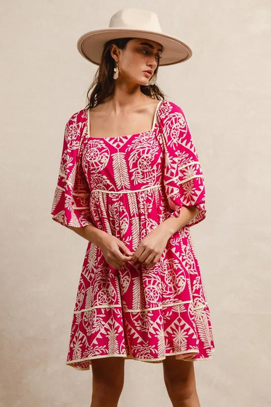 BiBi Aztec Woven Printed Contrast Binding Dress - Jennie Dots