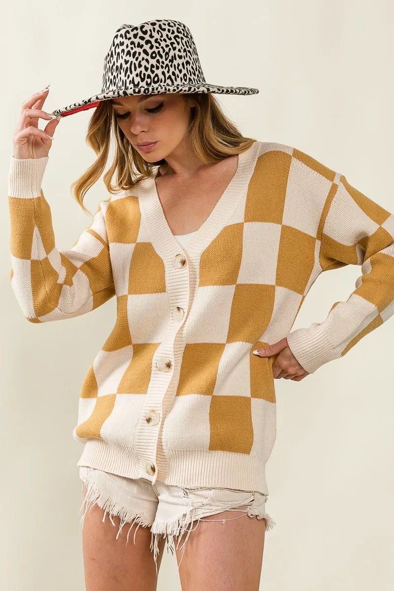 BiBi Checked V - neck Cardigan - Jennie Dots