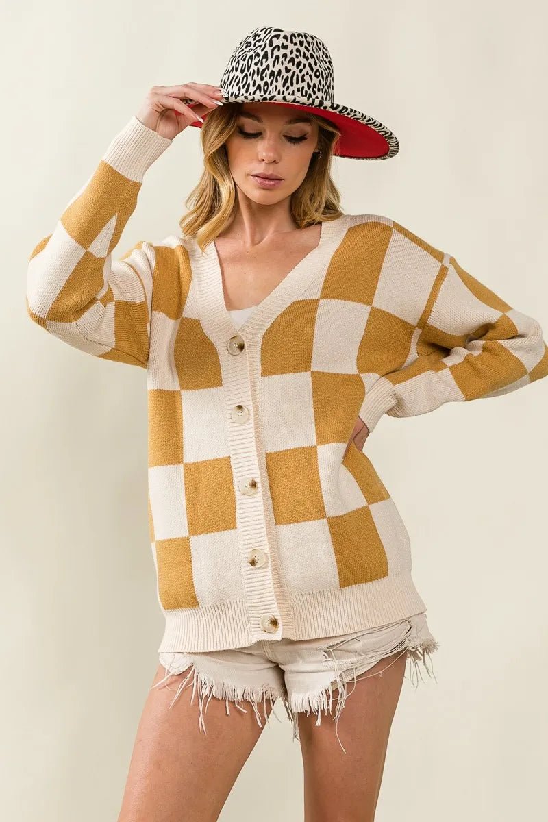 BiBi Checked V - neck Cardigan - Jennie Dots