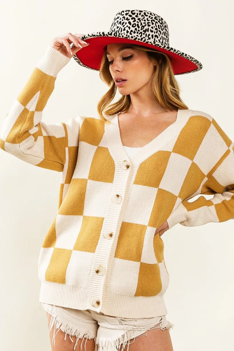 BiBi Checked V - neck Cardigan - Jennie Dots