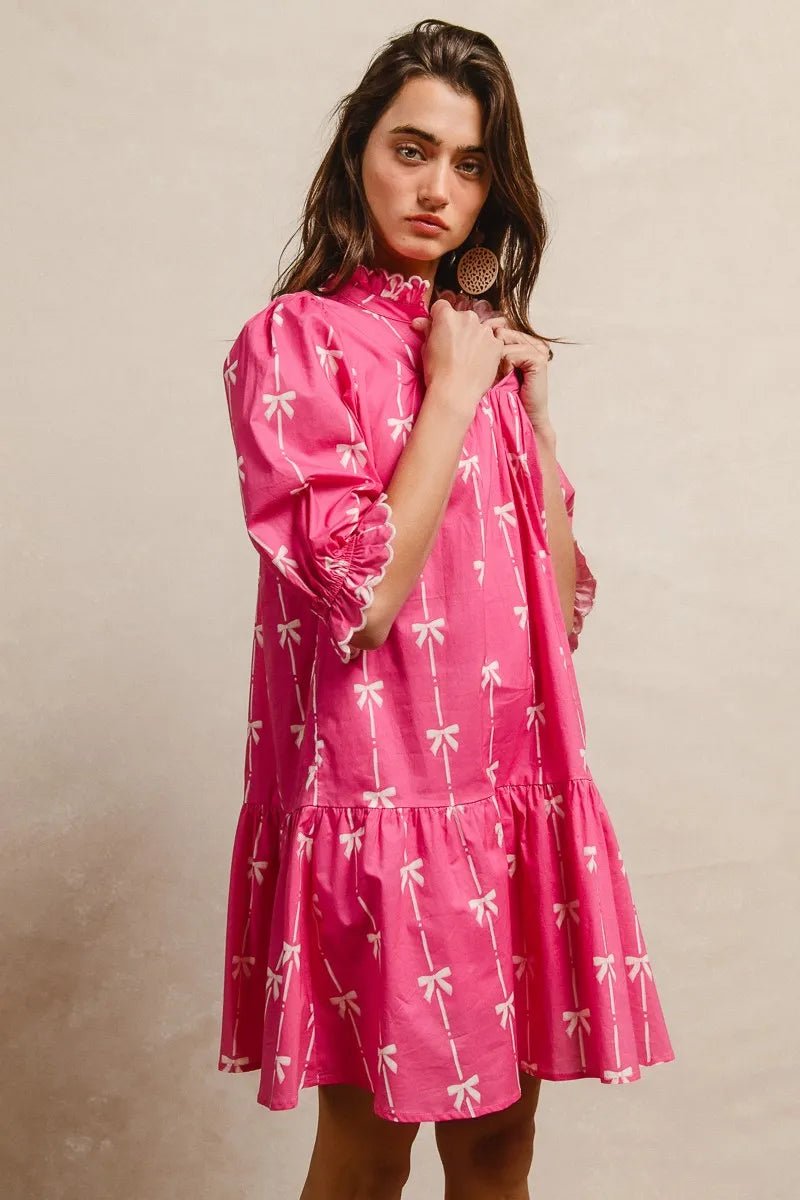 BiBi Ribbon Patterns With Scallops Edge Details Short Sleeve Dress - Jennie Dots