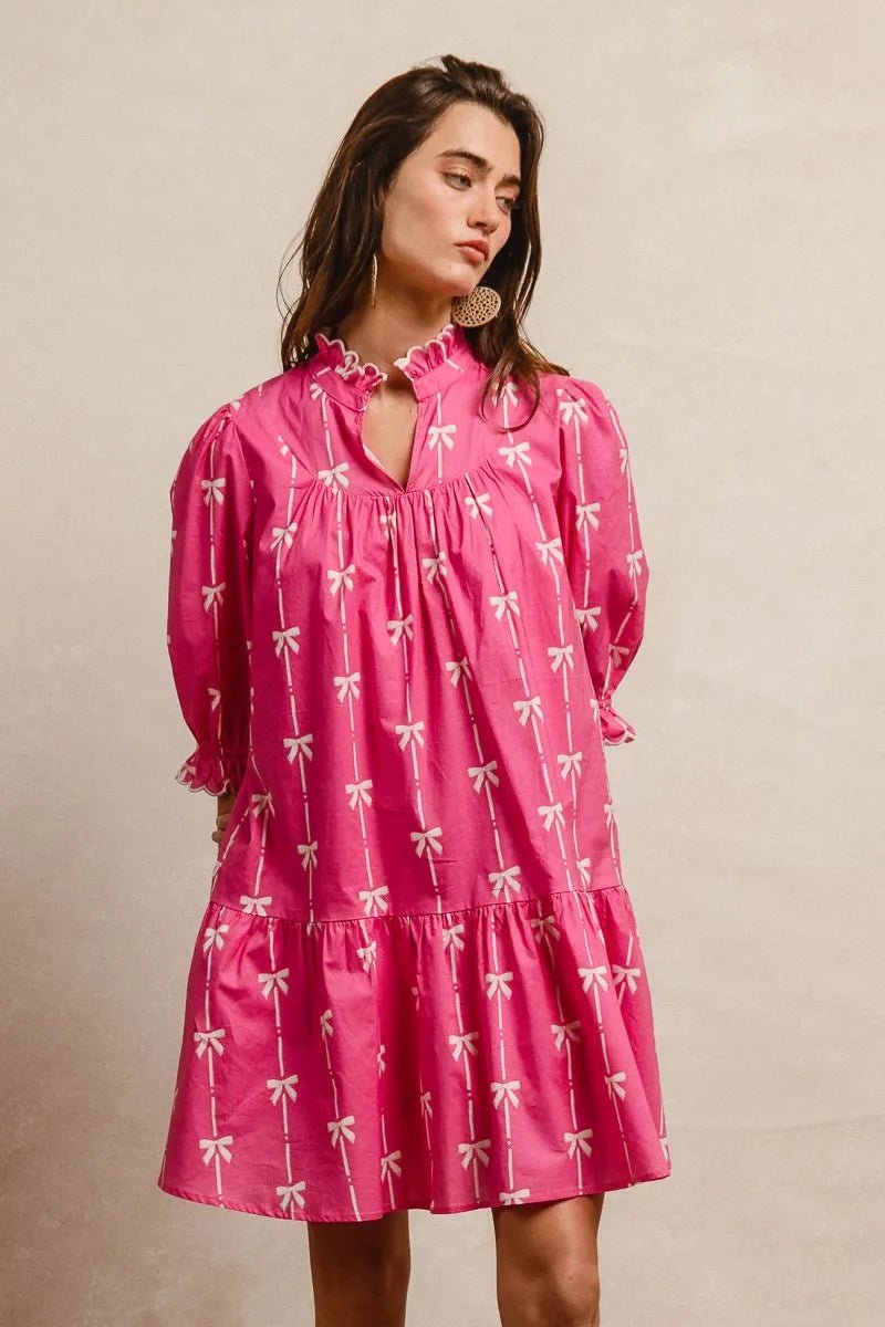 BiBi Ribbon Patterns With Scallops Edge Details Short Sleeve Dress - Jennie Dots