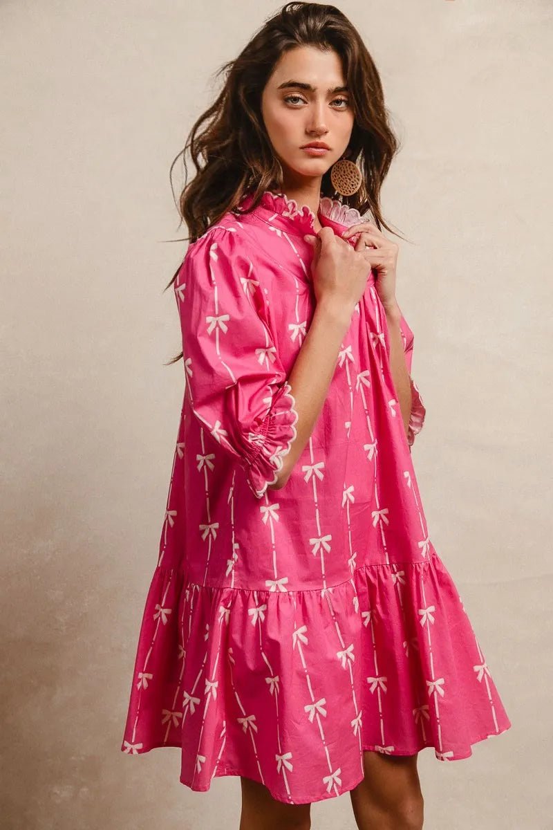 BiBi Ribbon Patterns With Scallops Edge Details Short Sleeve Dress - Jennie Dots