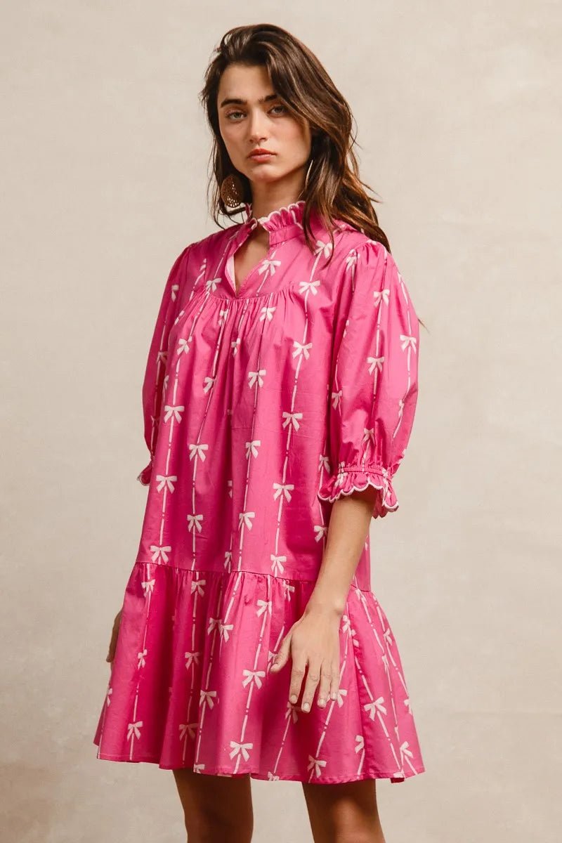 BiBi Ribbon Patterns With Scallops Edge Details Short Sleeve Dress - Jennie Dots