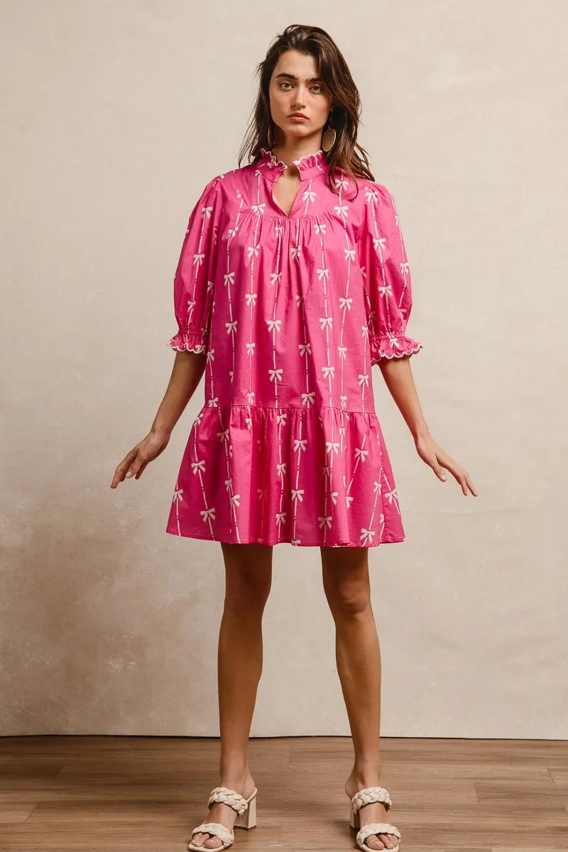 BiBi Ribbon Patterns With Scallops Edge Details Short Sleeve Dress - Jennie Dots