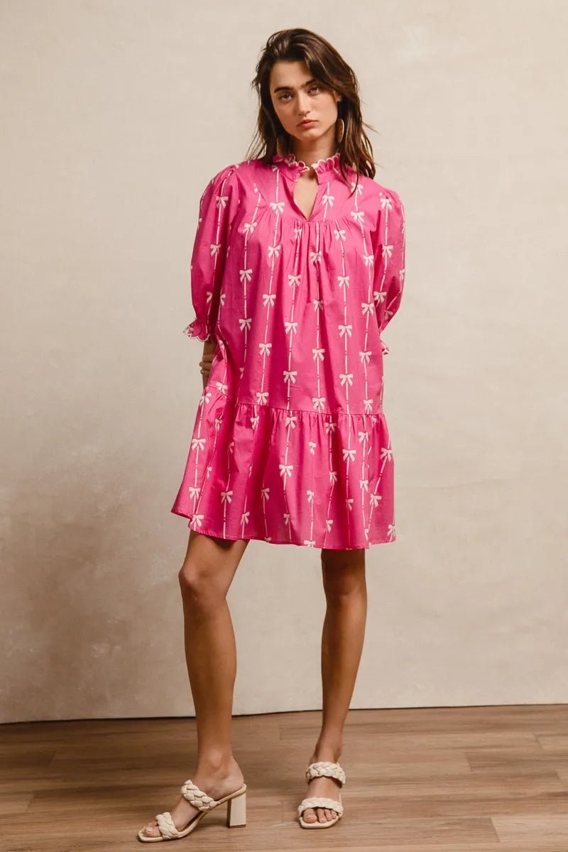 BiBi Ribbon Patterns With Scallops Edge Details Short Sleeve Dress - Jennie Dots