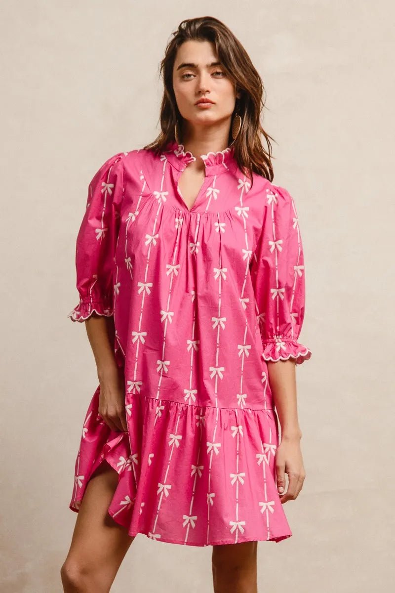BiBi Ribbon Patterns With Scallops Edge Details Short Sleeve Dress - Jennie Dots