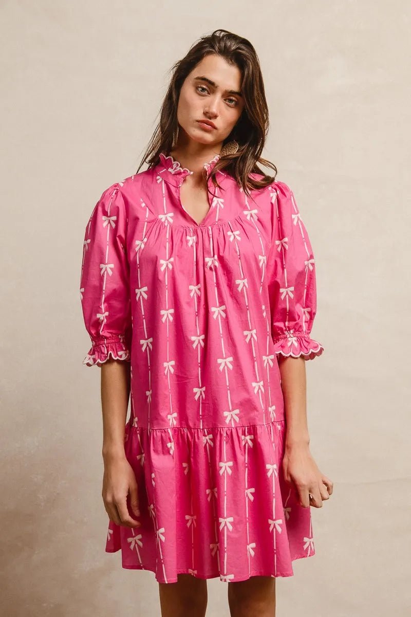 BiBi Ribbon Patterns With Scallops Edge Details Short Sleeve Dress - Jennie Dots